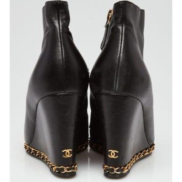 CHANEL Shoes - CHANEL Black Open Toe Lambskin Leather Gold Chain Wedge Ankle Boots Size EU38